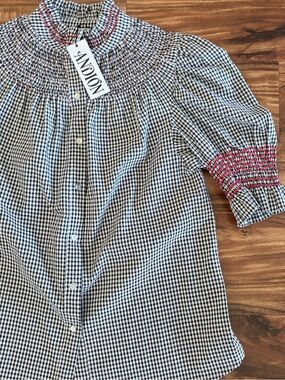 NWT Andion Spain Women’s Hand Smocked Amelia Blouse Small Black Gingham Shirt